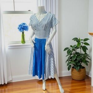 Vintage 1950’s Blue and White Rick-Rack Striped Tie Sleeve Pleated Dress